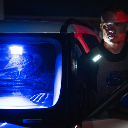 Tactical flashlight on police gear during night patrol, providing bright and reliable illumination. High-intensity, waterproof LED light ideal for law enforcement vehicle inspections and situational awareness. Durable, rechargeable torch suited for rapid intervention, map reading, and emergency response. Essential gear for police and military, ensuring visibility and operational efficiency in low-light environments.